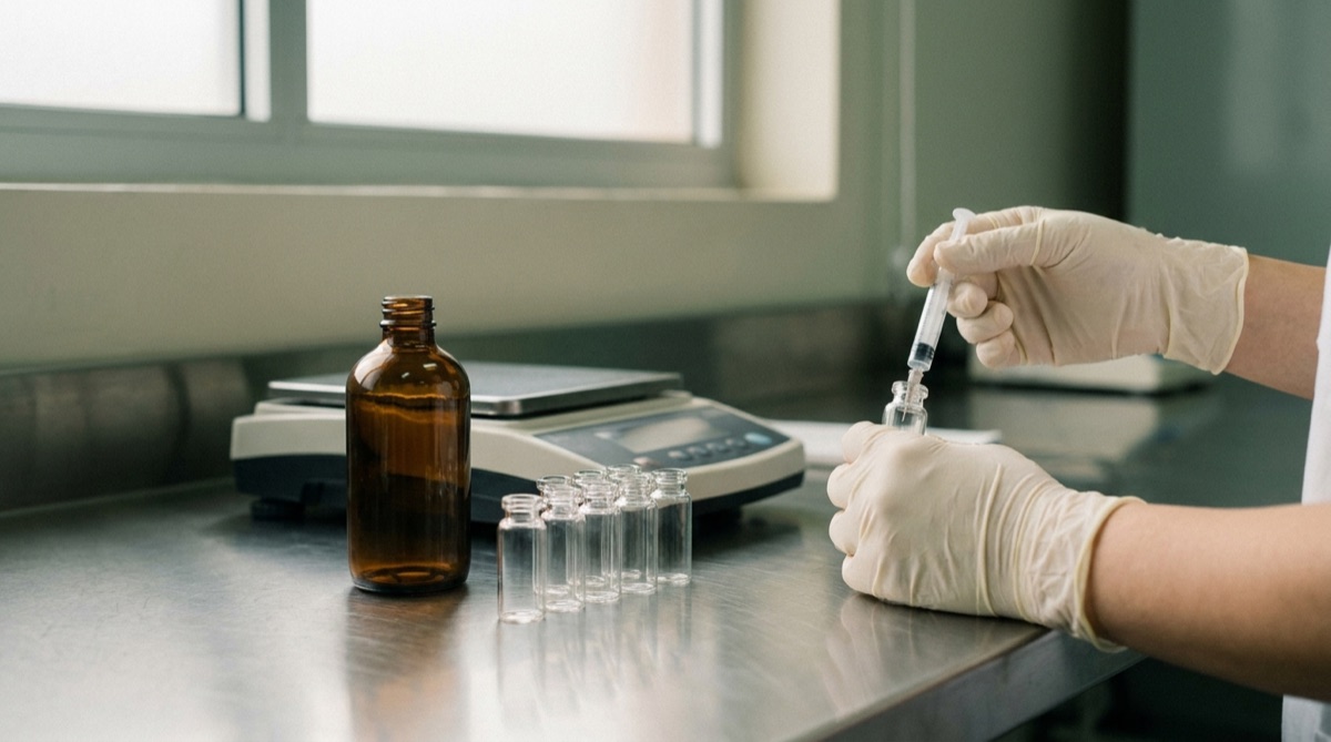 Vials being prepared at a compounding pharmacy bench