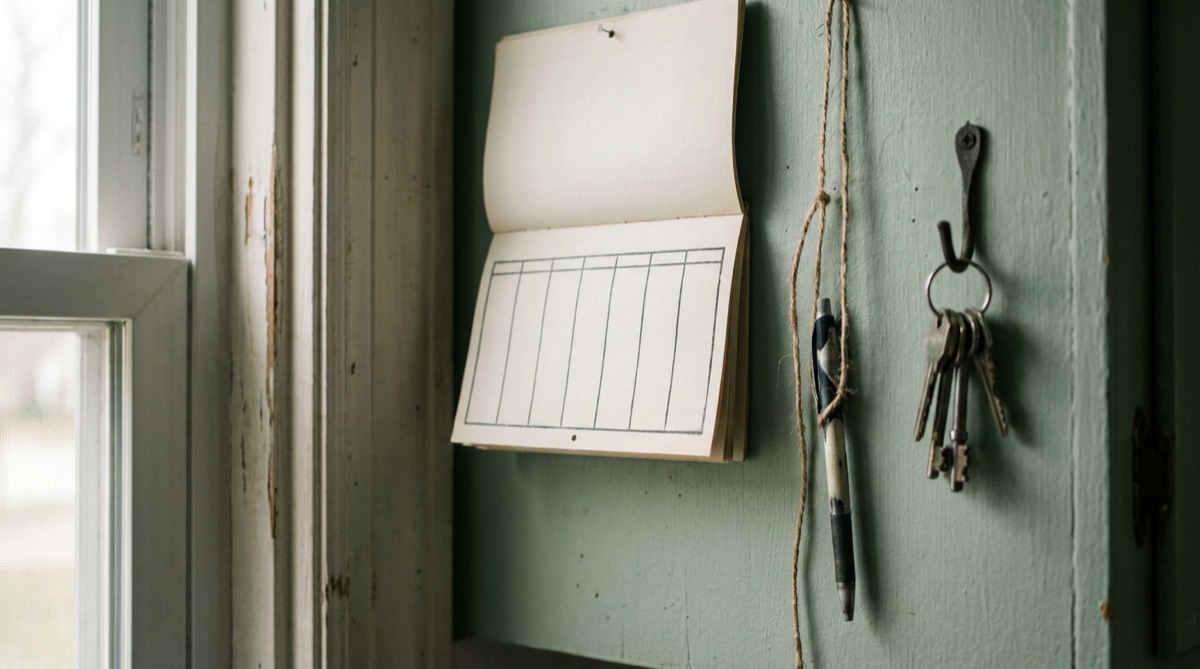 A blank week on a kitchen calendar beside a set of keys