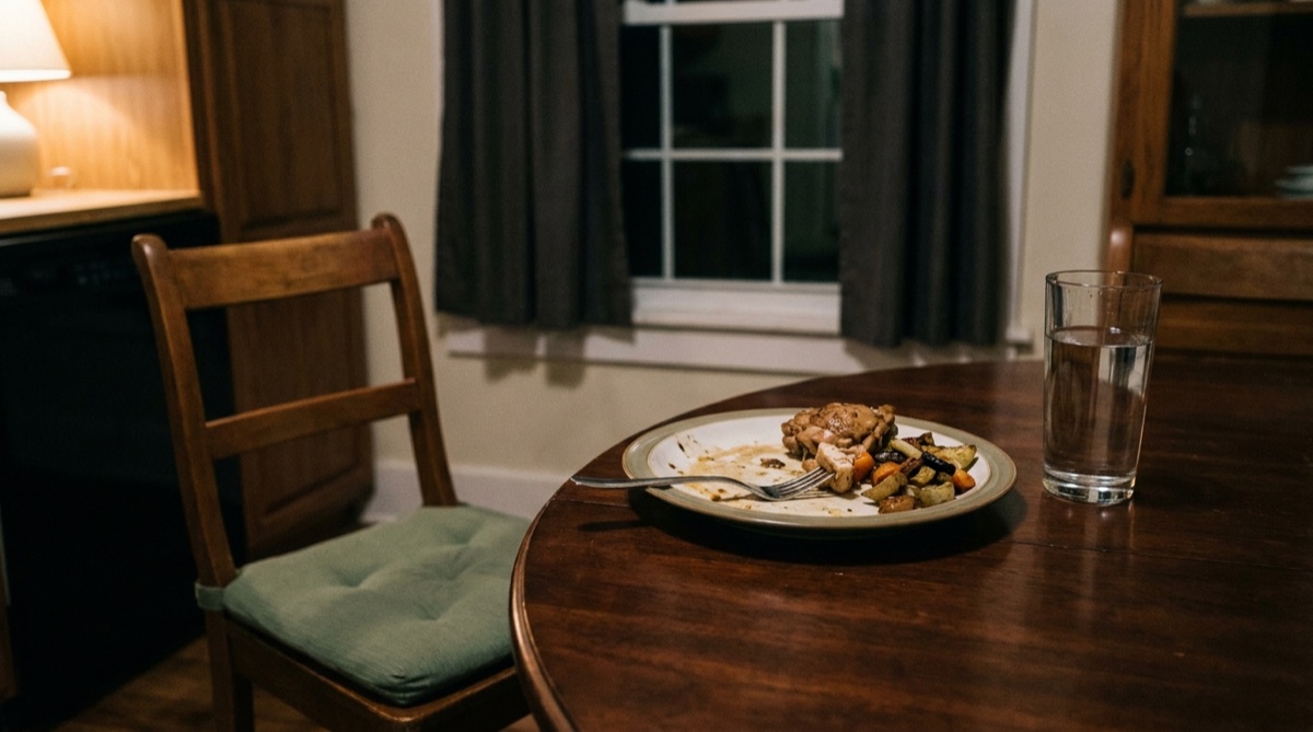 A half-eaten dinner pushed away on a kitchen table in the evening