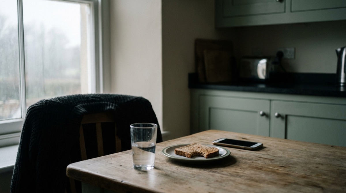 A barely touched slice of toast and a glass of water on a kitchen table in grey morning light